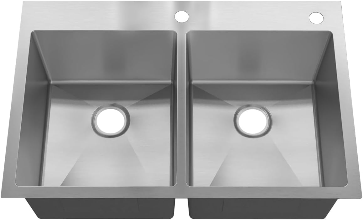 Sinber HT3322D-9-S 33' x 22' x 9' Drop In Double Bowl Kitchen Sink with 18 Gauge 304 Stainless Steel Satin Finish (Sink Only)