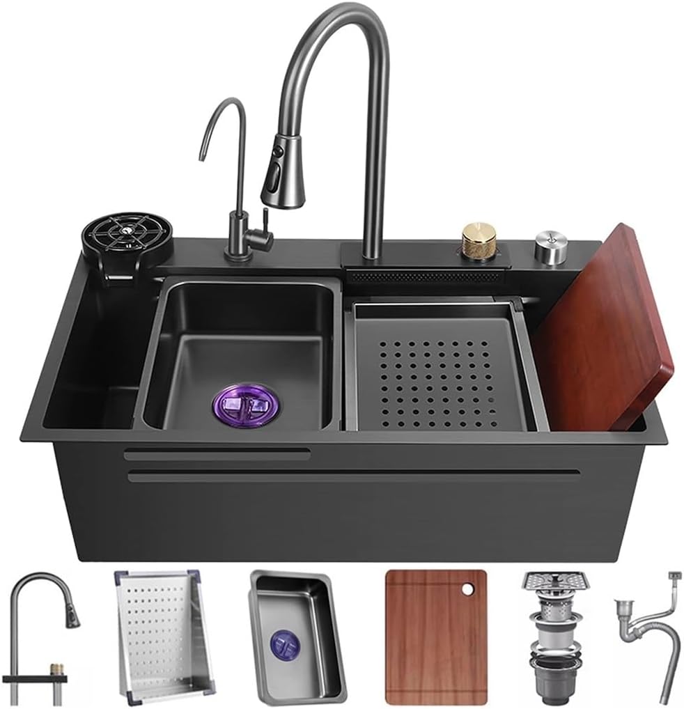 Stainless Steel Single-Bowl Kitchen Sink Multi-functional Waterfall Sink Nano-Coated Workstation Sink with Waterfall Pull-Down Faucet and Complete Accessory Set (Size : 68x45x22cm) ( 68x45x22cm)