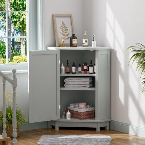 Bellemave Corner Bathroom Cabinet with Door and 2-Tier Adjustable Shelves, Floor Corner Storage Cabinet, Triangle Short Cabinets for Bathroom, Living Room (Grey)