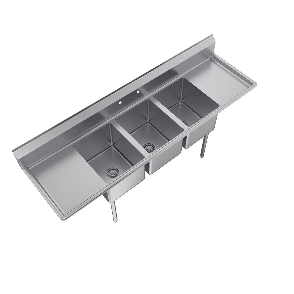 Elkay Foodservice 3 Compartment Sink, 88'X25.75' OA, 36' Working Height, 16X20 Bowl, 12 Deep, 9.75' Backsplash, Left & Right 18' Drainboards, 8' On Center Faucet Hole, Galvinized Legs, Adjustable Feet, 18 Gauge 300 Series Stainless Steel, NSF Certified