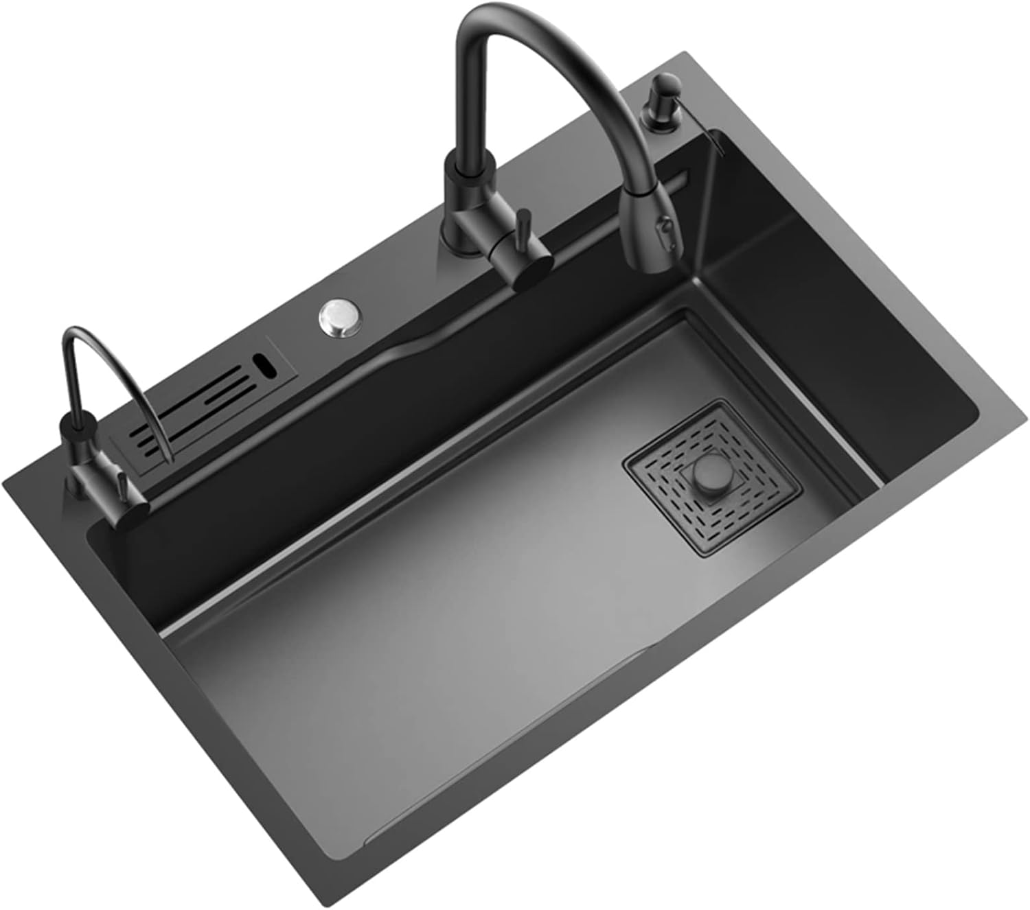 304 Stainless Steel Single Bowl Kitchen Sink Square Nano Bar Sink Rv Sink with Pull-Out Faucet and Drainage Components Top Mount Or Undermount (Color : Black-C, Size : 75x46x20cm) (Blackb 75x46x2