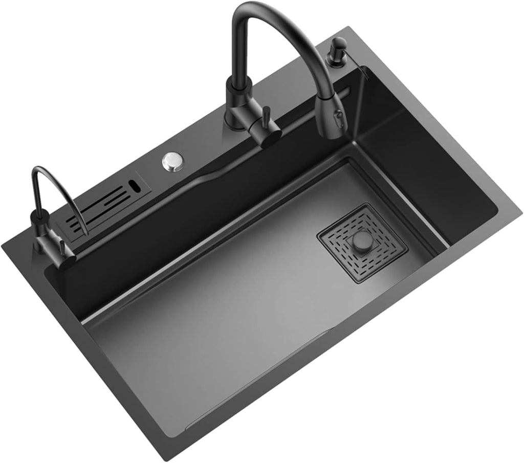 304 Stainless Steel Single Bowl Kitchen Sink Square Nano Bar Sink Rv Sink with Pull-Out Faucet and Drainage Components Top Mount Or Undermount (Color : Black-C, Size : 75x46x20cm) (Blackb 75x46x2