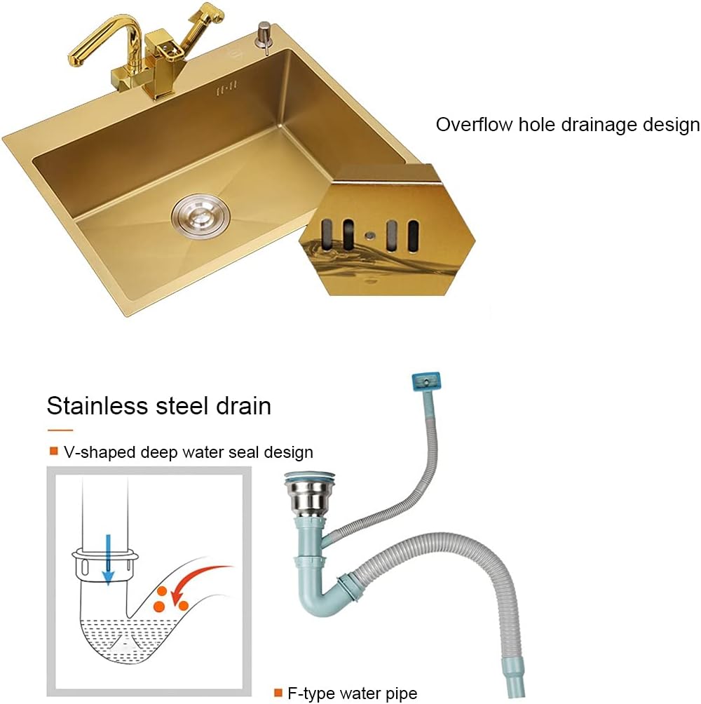 Kitchen Sink Brushed Gold Single Bowl Decoration Drop-in Or Undermount with Curved Faucet and Installation Kit (Color : Gold, Size : 68×45×21cm) (Gold 60×45×21cm)