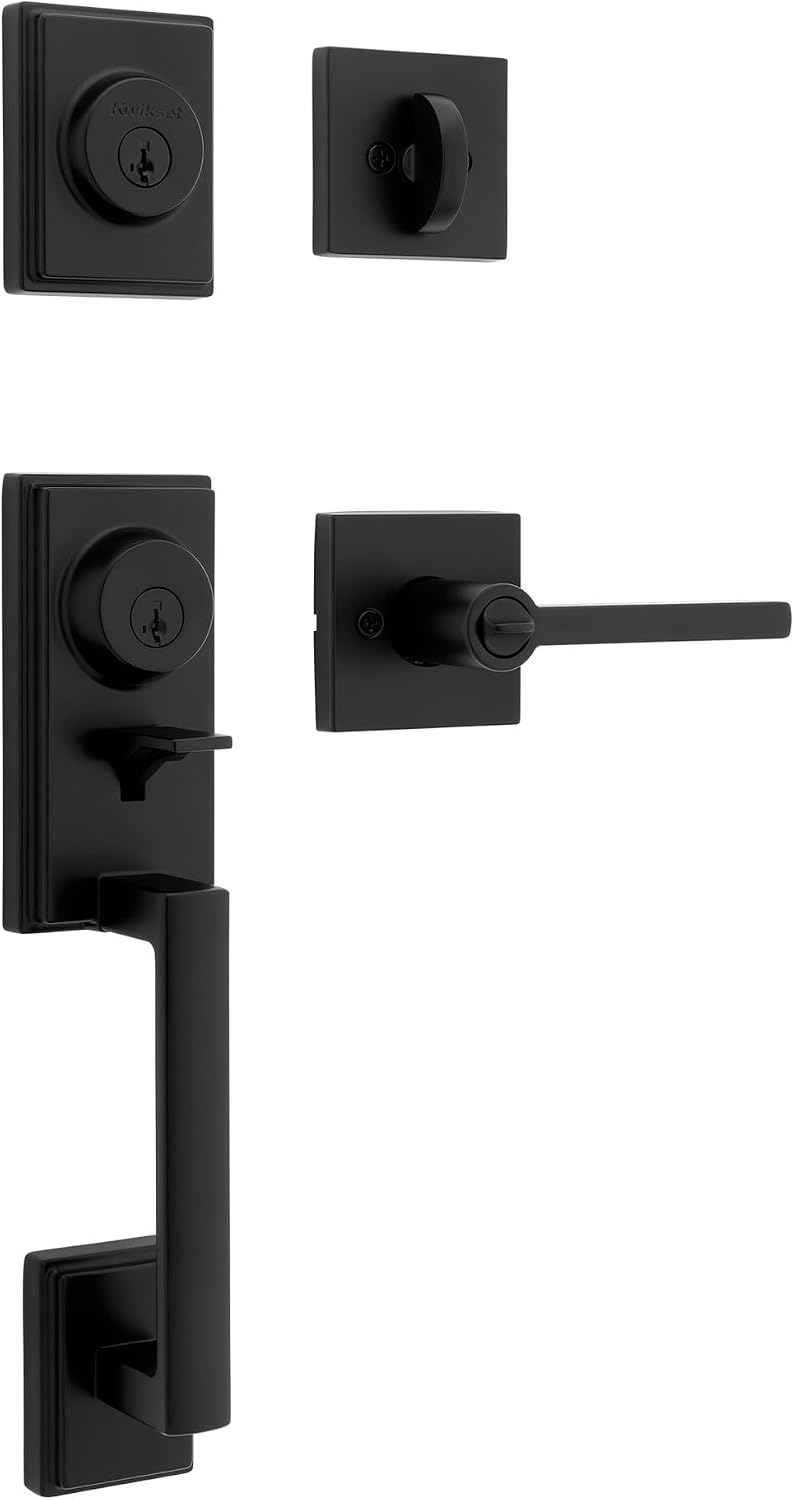 Kwikset Peralta Front Door Lock Handle and Deadbolt Set, Entry Handleset Exterior with Interior Reversible Lever, Matte Black, Pick Resistant SmartKey Rekey Deadbolt Security