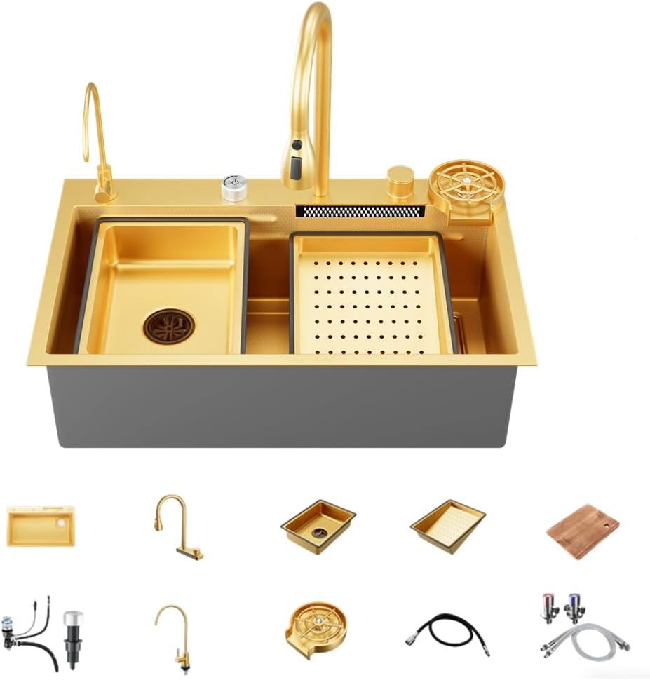 Gold Nano Stainless Steel Kitchen Sink - Single Bowl Workstation with Integrated Waterfall Pull-Out Faucet & Complete Accessory Set (29.5 X 17.7 Inch)
