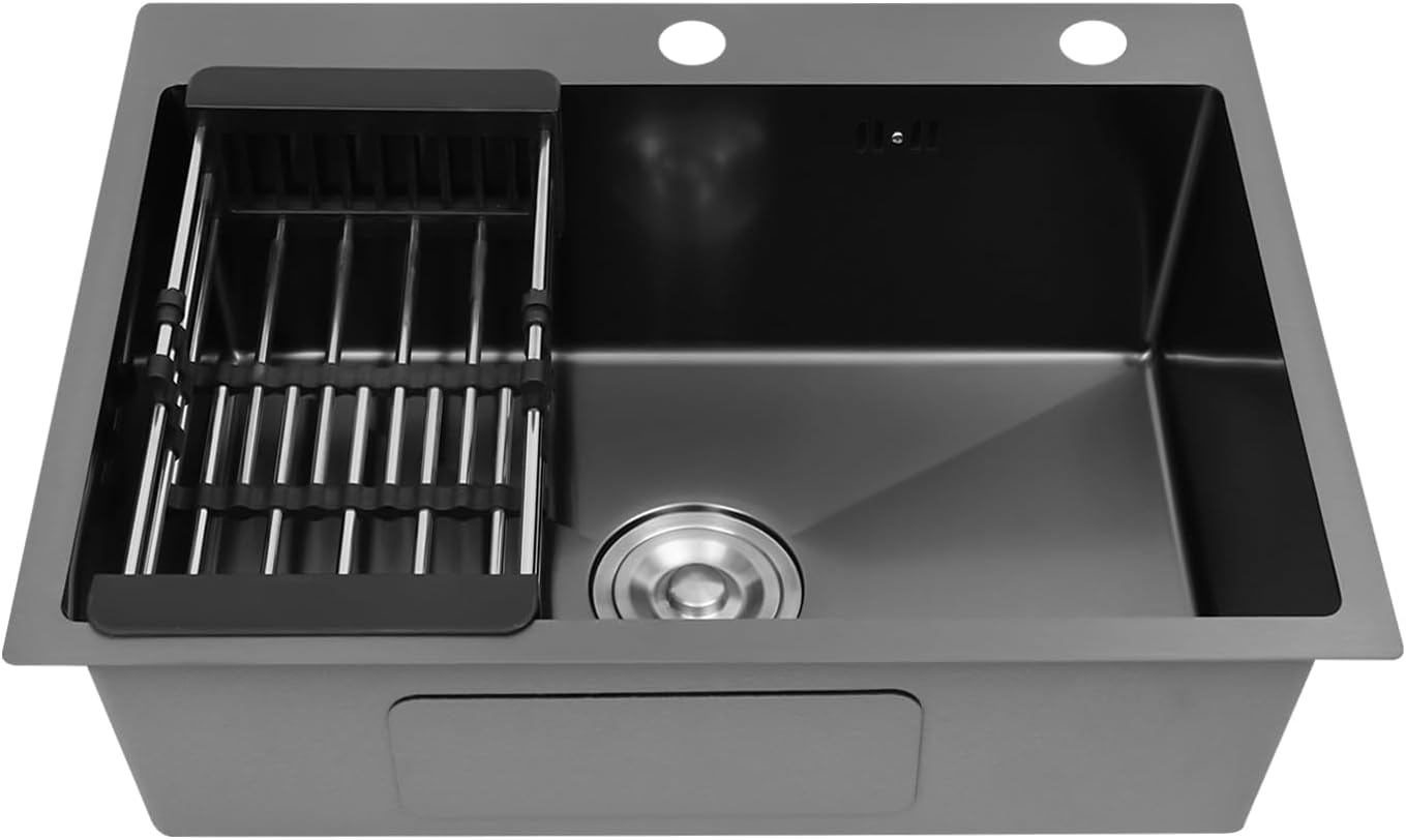 Single Bowl Kitchen Sink Built-in Stainless Steel Sink Thickened One-Piece Stretch Sink with Drain Basket Large-Diameter Drain Ideal for Bathroom or Kitchen 78 * 43cm