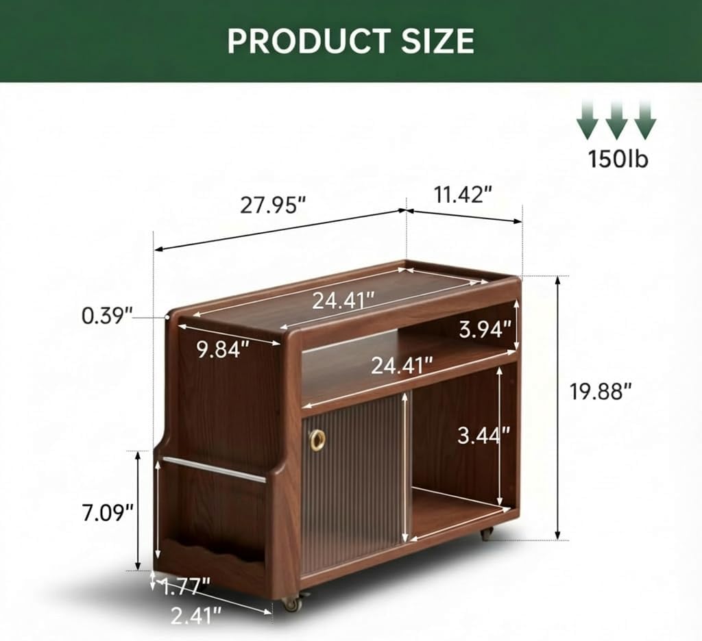 Solid Wood Side Table with Wheels, Narrow Side Table with Storage, Rolling Bedside Table for Bedroom Living Room Dining Room(Teak, 27.95' D x 11.42' W x 19.88' H)