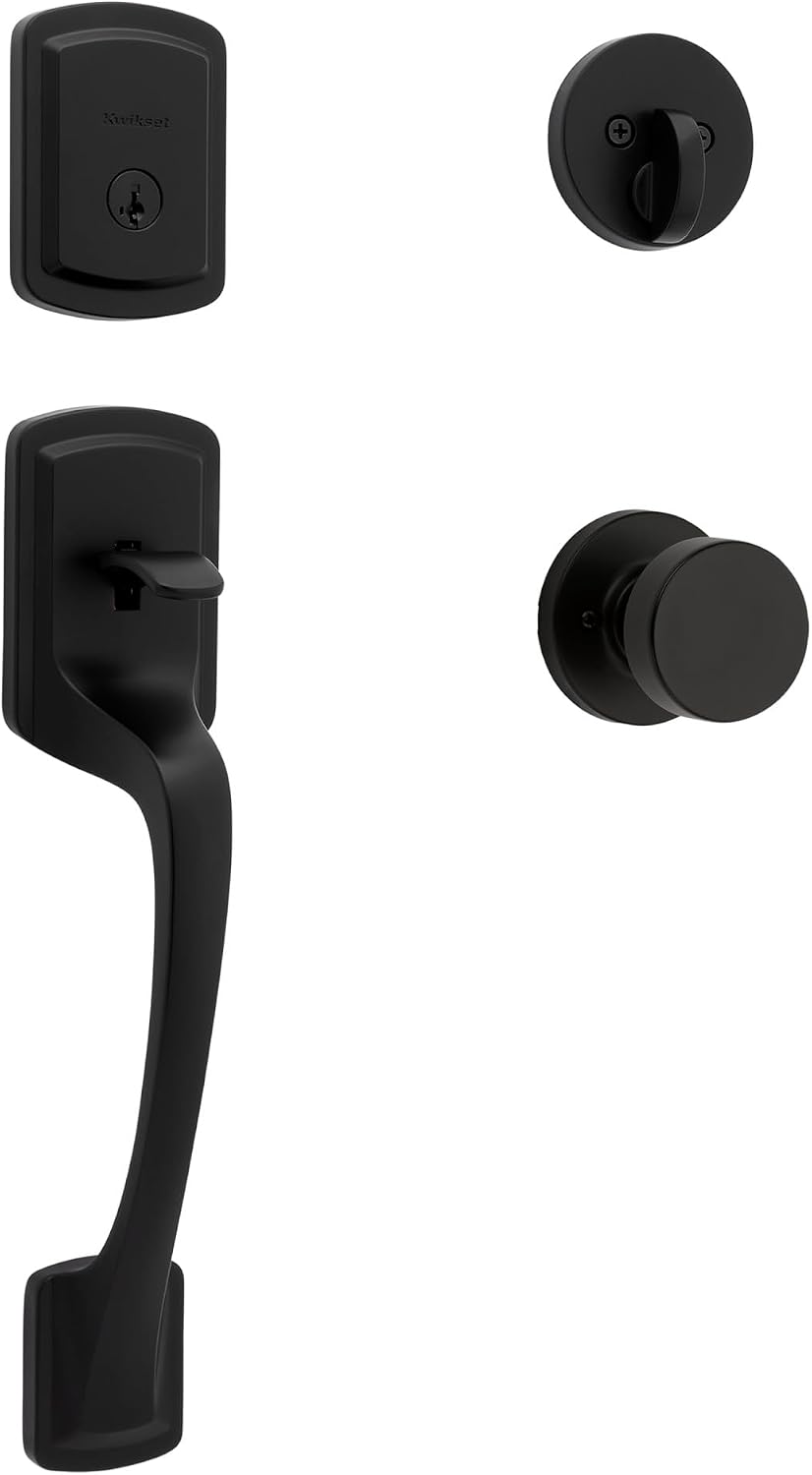 Kwikset Prague Front Door Lock Handle and Deadbolt Set, Entry Handleset Exterior with Round Pismo Interior Door Knob, Matte Black, Pick Resistant SmartKey Rekey Deadbolt Security