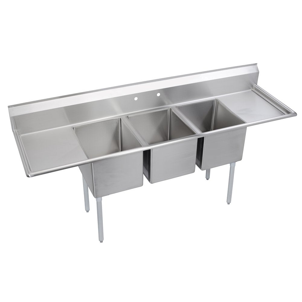 Elkay Foodservice 3 Compartment Sink, 88'X25.75' OA, 36' Working Height, 16X20 Bowl, 12 Deep, 9.75' Backsplash, Left & Right 18' Drainboards, 8' On Center Faucet Hole, Galvinized Legs, Adjustable Feet, 18 Gauge 300 Series Stainless Steel, NSF Certified