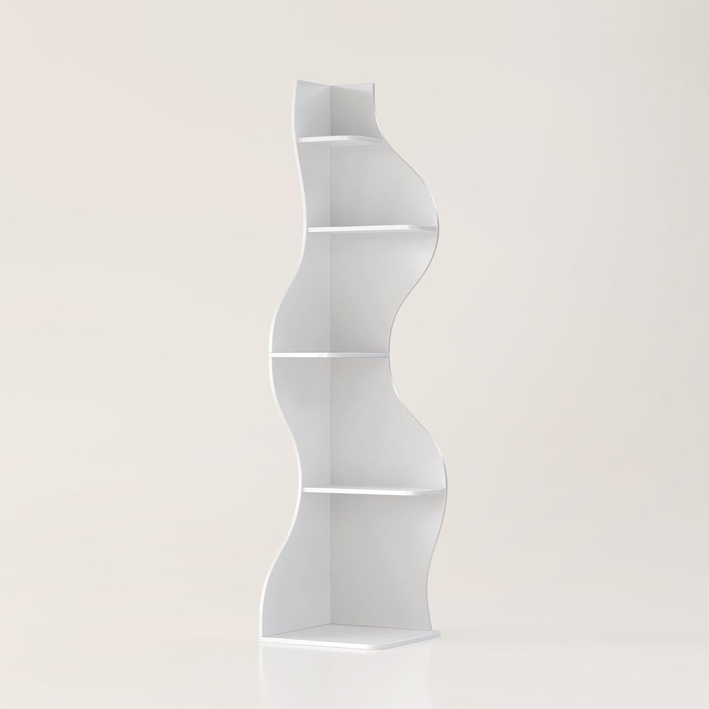 YOWOS 69.4' 5-Tier Modern Corner Bookshelf – Wavy Wooden Display Shelf with Storage, Narrow Corner Bookcase for Small Spaces, Ideal for Plants, Books & Decor (White)