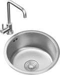 304 Stainless Steel Kitchen Sink Round Silver Single Bowl Bar Prep Sink with Faucet and Drain Assembly Drop-in Or Undermount (Color : C-Have Faucet, Size : 36x36x20cm) (Ahave Faucet 28x28x20cm)