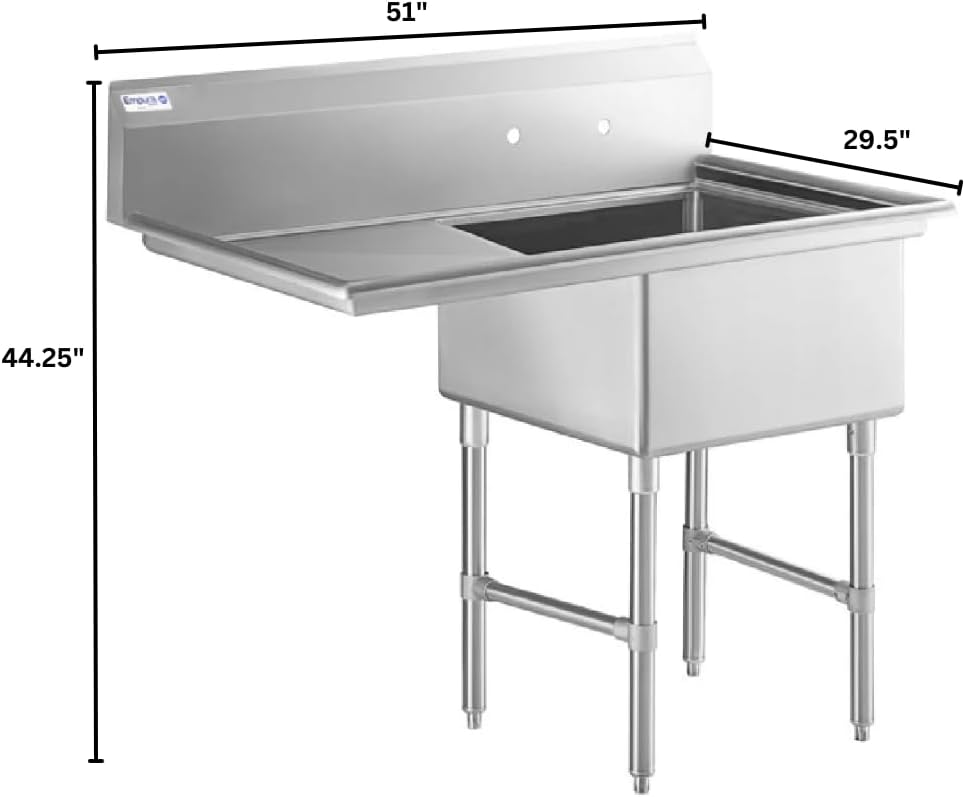 Empura 51' Wide Stainless Steel One Compartment Commercial Sink | Utility 24' x 24' Bowl for Restaurant Laundry Hotel | 24' Left Drainboard, 9.75' Backsplash, 50.5'W x 29.5'D x 44.25'H, 16 Gauge, NSF