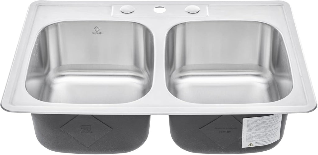 CozyBlock 33 inch Topmount Drop-In Stainless Steel 18 Gauge Double Bowl 50/50 Kitchen Sink w/ 3 Faucet Holes (Sink Only)