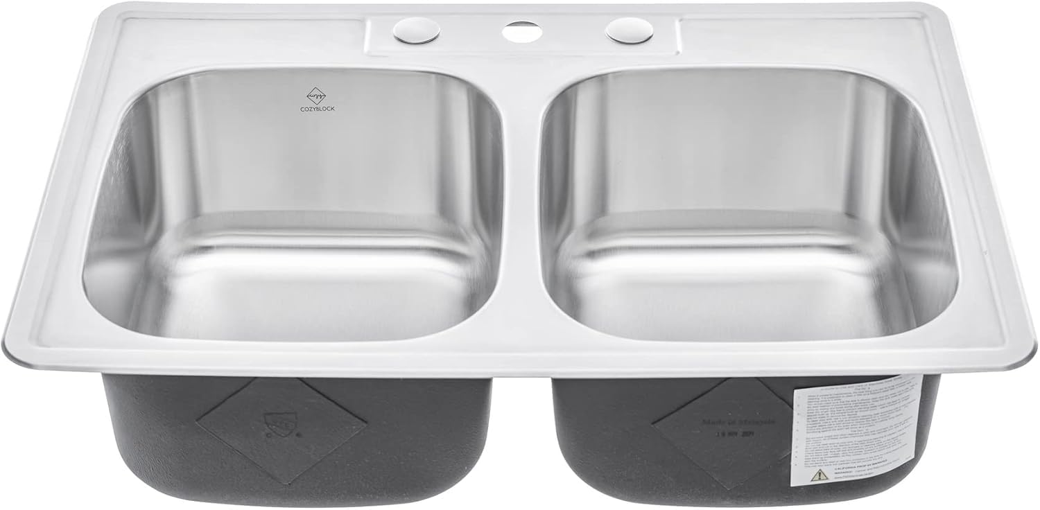CozyBlock 33 inch Topmount Drop-In Stainless Steel 18 Gauge Double Bowl 50/50 Kitchen Sink w/ 3 Faucet Holes (Sink Only)
