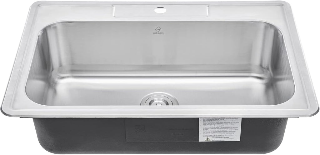 CozyBlock 33 Inch Single Bowl Topmount Drop-In 18-Gauge Stainless Steel Kitchen Sink w/ 1 Faucet Hole (Sink Only)