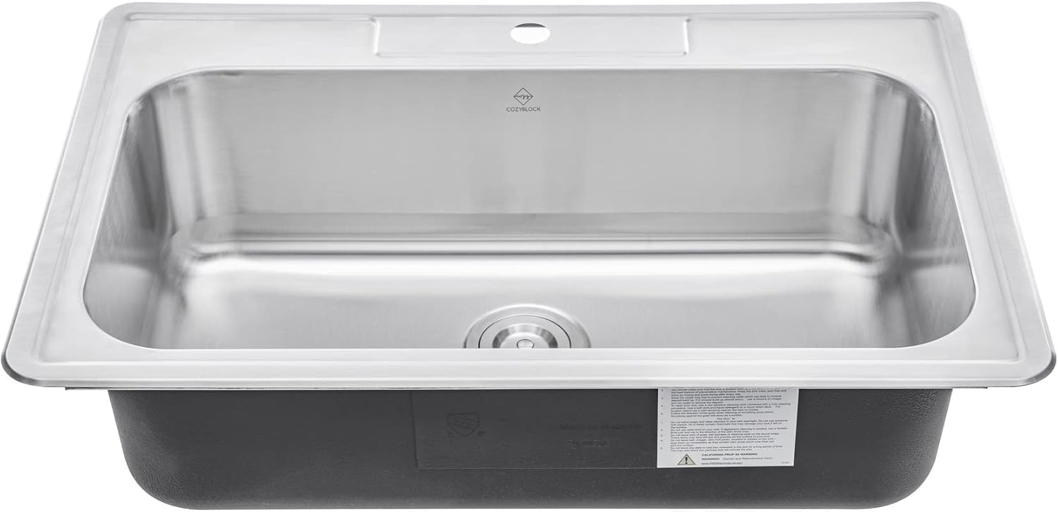 CozyBlock 33 Inch Single Bowl Topmount Drop-In 18-Gauge Stainless Steel Kitchen Sink w/ 1 Faucet Hole (Sink Only)