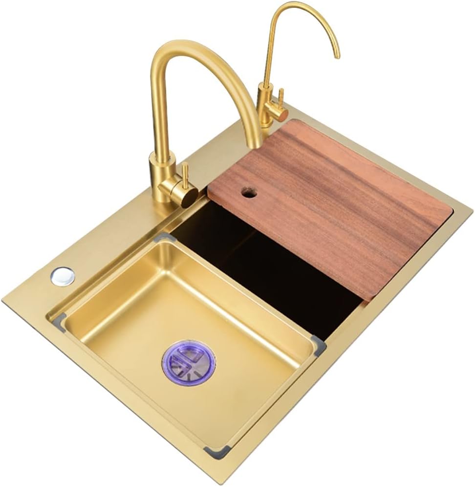 Kitchen Sink Gold Single Bowl Stainless Steel RV Sink Drop in Or Undermount with Big Bend Faucet and Clean Water Faucet (Color : Gold, Size : 60x46x22cm) (Gold 60x46x22cm)