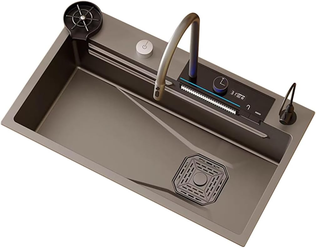 Stainless Steel Single-Bowl Kitchen Workstation Sink Single-Bowl Bar Prep Sink Waterfall Pull-Down Faucet and Complete Accessory Set (Color : Black, Size : 68x46x23cm) (Black 68x46x23cm)