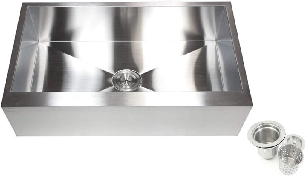 Contemporary Durable Zero Radius 16 Gauge Stainless Steel Single Bowl Apron Front Farmhouse Kitchen Sink with Lift-out Basket Strainer (36 Inch Flat Front)