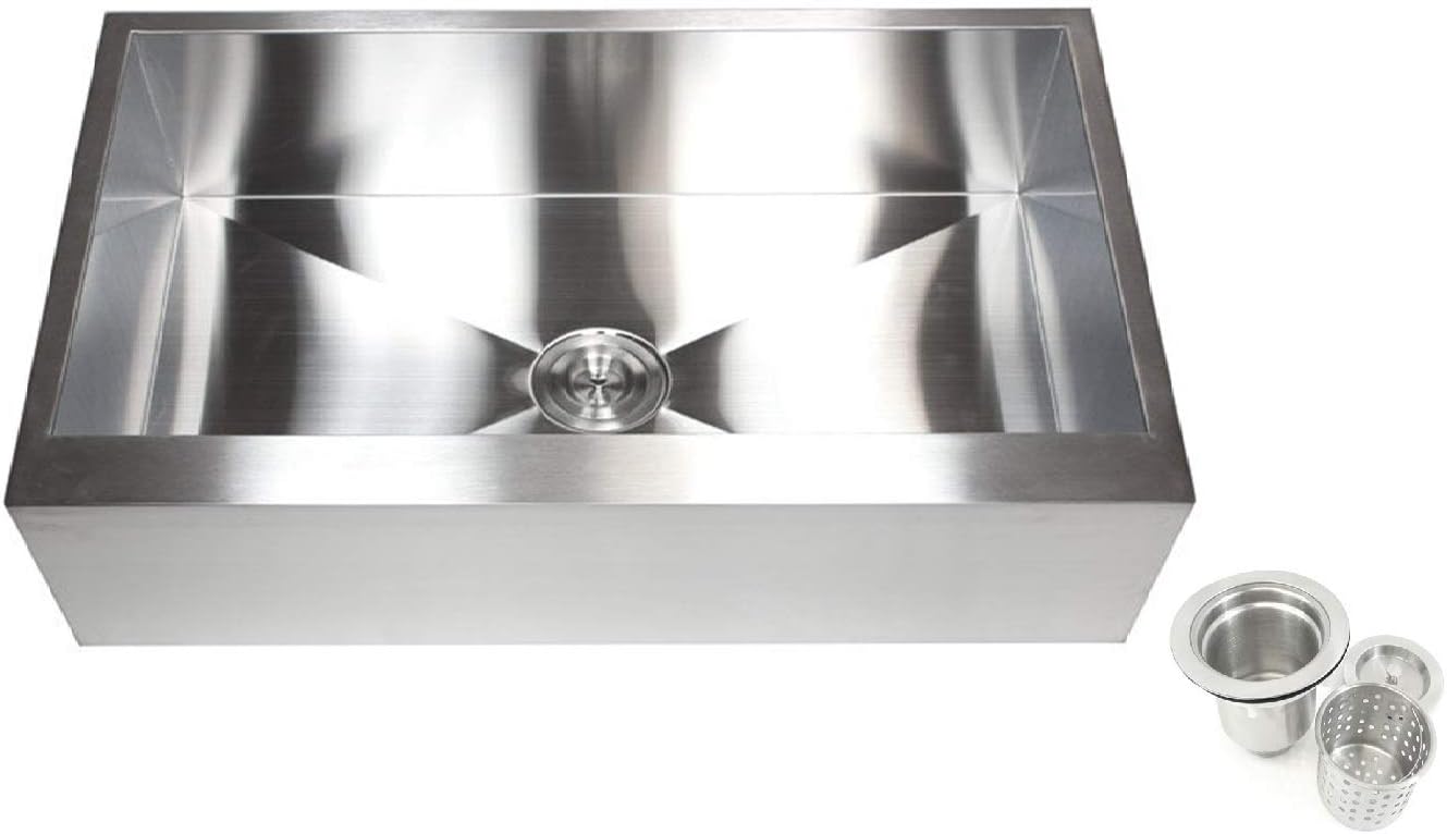 Contemporary Durable Zero Radius 16 Gauge Stainless Steel Single Bowl Apron Front Farmhouse Kitchen Sink with Lift-out Basket Strainer (36 Inch Flat Front)