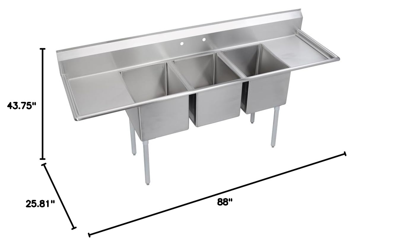 Elkay Foodservice 3 Compartment Sink, 88'X25.75' OA, 36' Working Height, 16X20 Bowl, 12 Deep, 9.75' Backsplash, Left & Right 18' Drainboards, 8' On Center Faucet Hole, Galvinized Legs, Adjustable Feet, 18 Gauge 300 Series Stainless Steel, NSF Certified