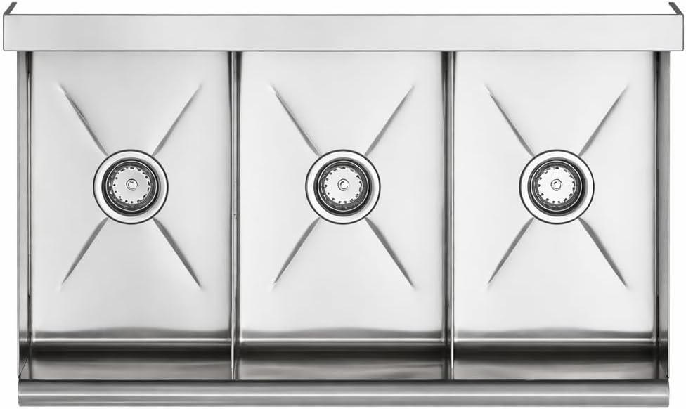 Commercial Stainless Steel Utility Sink with Backsplash, Triple 12' x 21' x 14' Deep Bowls, 16-Gauge Construction - for Janitorial Area, Commercial Kitchen, Garage, Laundry Room
