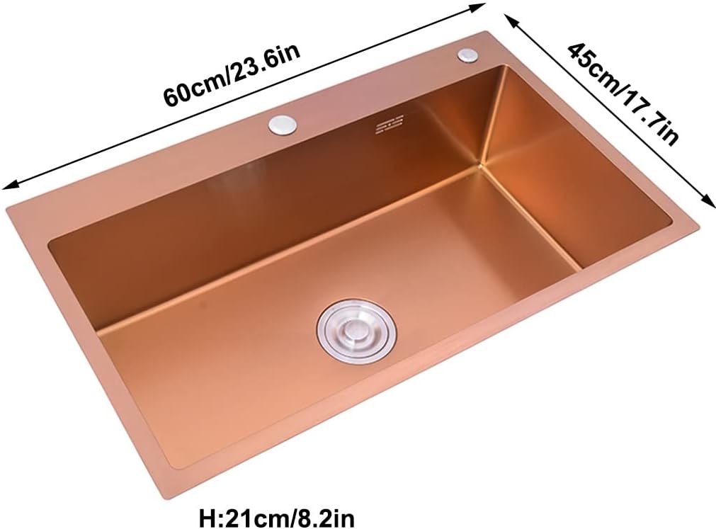 Kitchen Sink Single Bowl Kitchen Bar Sink 304 Stainless Steel RV Sink with Drain Top Mount Or Undermount Bar Sink Or Outdoor Sink (Color : Rose Gold, Size : 68x45x21cm) (Rose Gold 60x45x21cm)