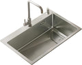 Square Brushed Single Bowl Kitchen Sink/ 304 Stainless Steel Bar Prep Sink with Drain Pipe and Installation Kit Drop in Or Undermount (Color : NO Faucet, Size : 68x45x23.5cm) (Ahave Faucet 68x45x