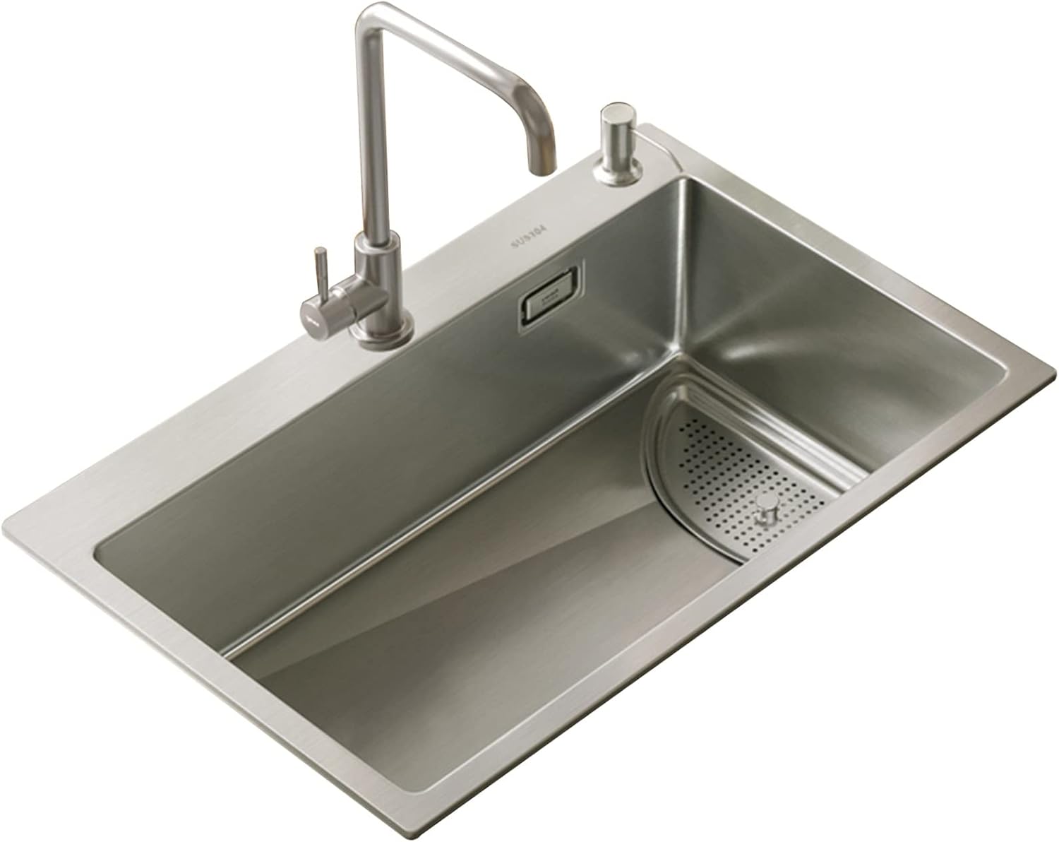 Square Brushed Single Bowl Kitchen Sink/ 304 Stainless Steel Bar Prep Sink with Drain Pipe and Installation Kit Drop in Or Undermount (Color : NO Faucet, Size : 68x45x23.5cm) (Ahave Faucet 68x45x
