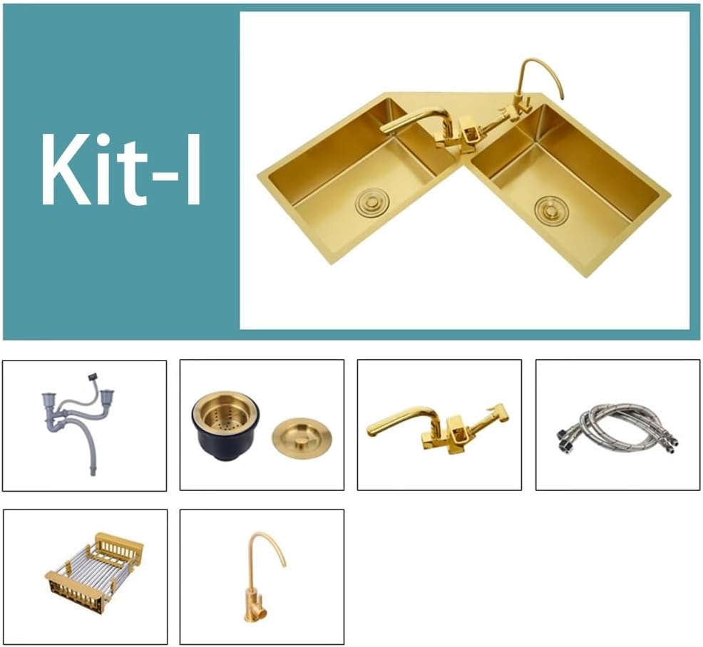 Gold Kitchen Sink Double Bowl Stainless Steel Corner Sink Handmade Dishwashing Sink, 9 Kits for You to Choose (Color : Kit-A, Size : 860x860x220mm) (KitI 860x860x220mm)