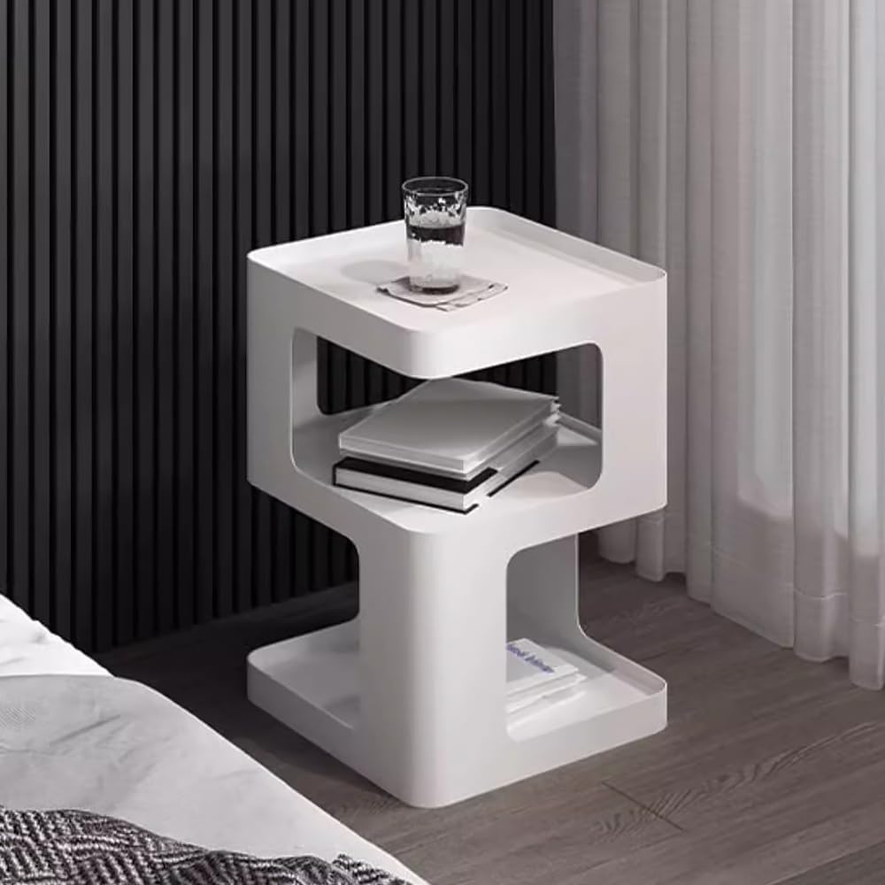 Modern Metal Side Table with Storage,Small End Table for Sofa & Couch,3-Tier Compact Nightstand for Small Spaces,White Bedside Tables for Living Room & Bedroom,No Assembly Required