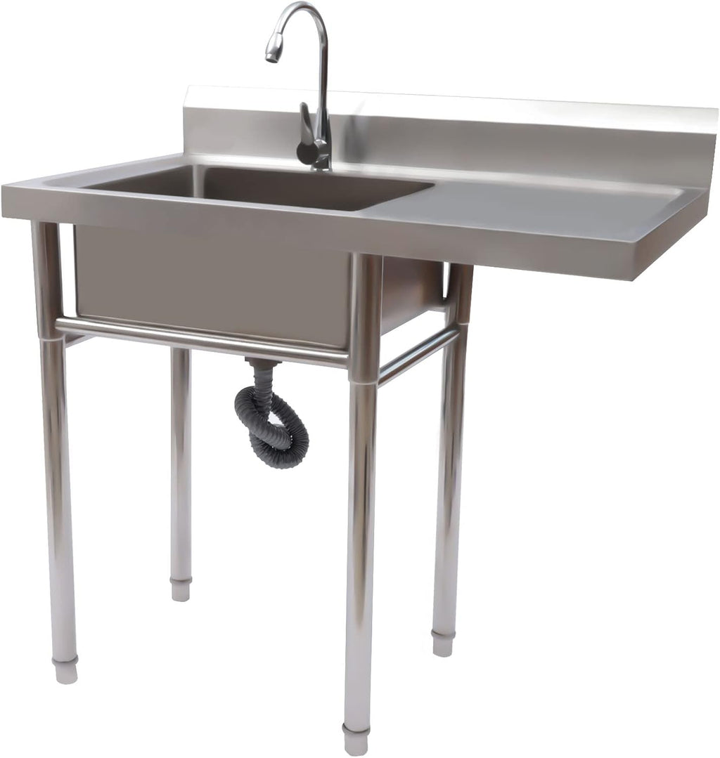 1 Compartment Commercial Sink, Stainless Steel Sink With Faucet&Drain Strainer Indoor Free Standing Sink for Kitchen, Garage, and Restaurant Washing Hand Table