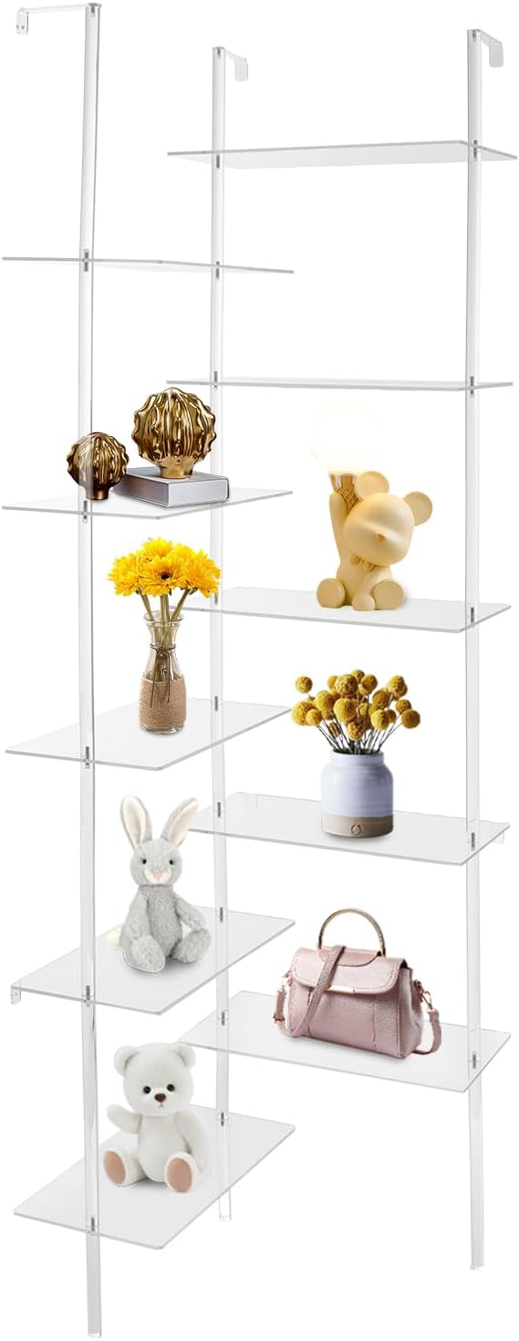 Acrylic Corner Bookshelf, 5-Tier Wall Mounted Clear Ladder Bookcase with 10 Open Shelves, Modern Display Book Shelf for Living Room, Bedroom, Bathroom, 22''Dx22''Wx73.62''H