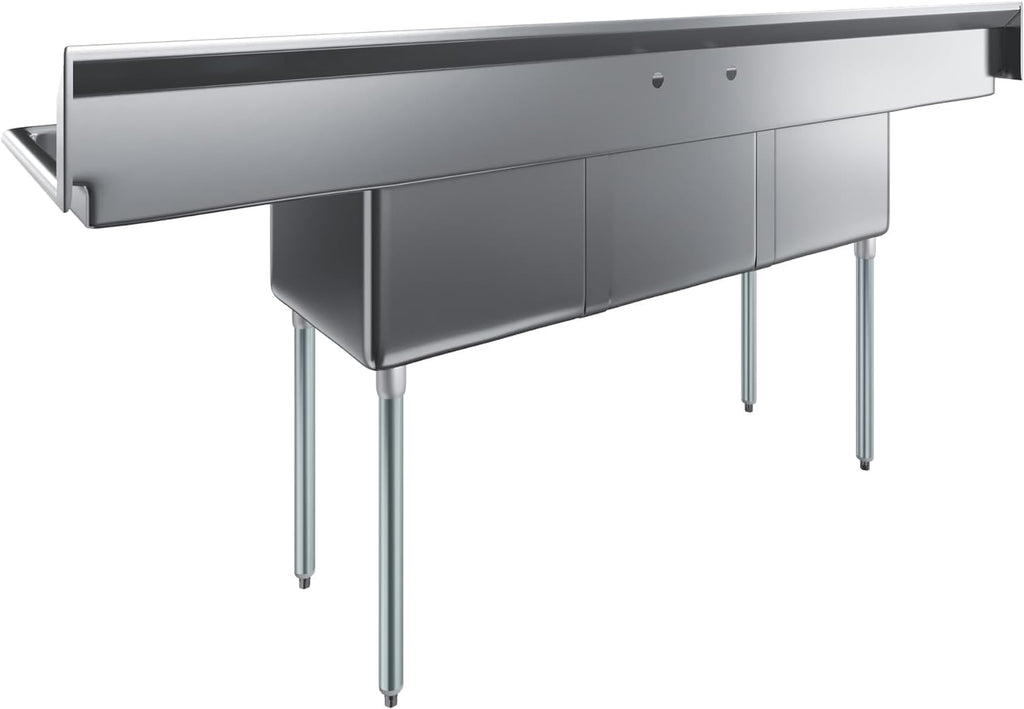 Stainless Steel Prep & Utility Sink | 304 Stainless Steel | Restaurant, Kitchen, Laundry, Garage | NSF (23 in. x 90 in. | Three Bowls | 2 Drainboards)