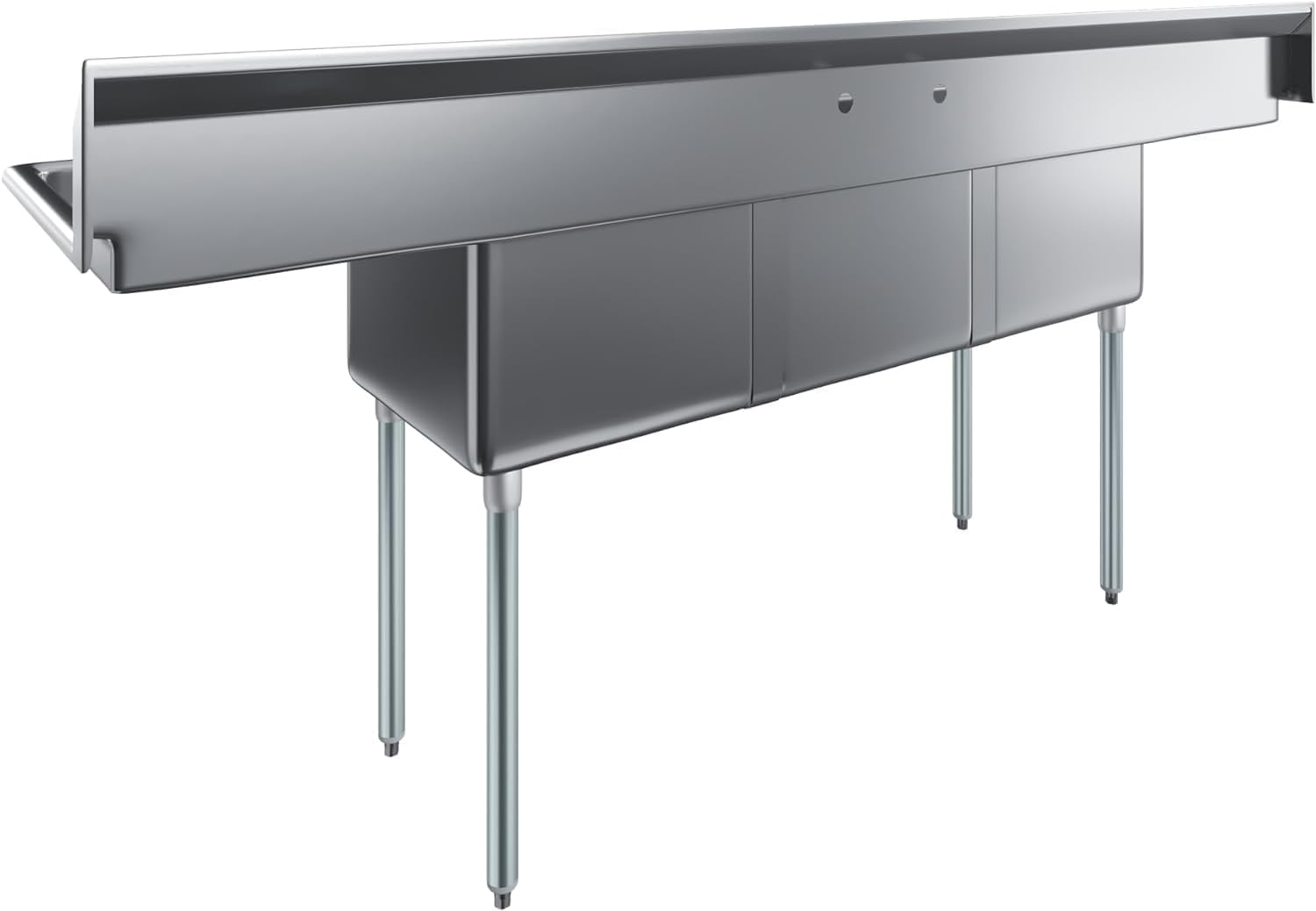 Stainless Steel Prep & Utility Sink | 304 Stainless Steel | Restaurant, Kitchen, Laundry, Garage | NSF (23 in. x 90 in. | Three Bowls | 2 Drainboards)