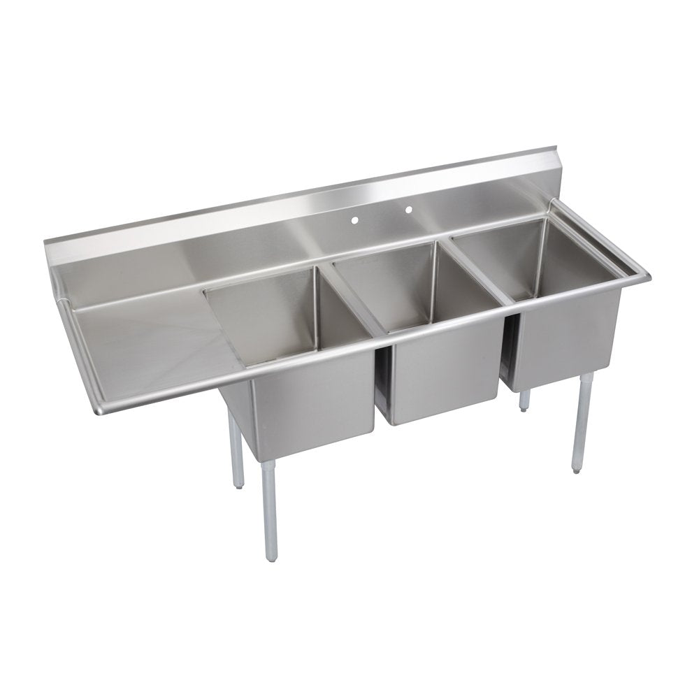 Elkay Foodservice 3 Compartment Sink, 72.5'X25.75' OA, 36' Working Height, 16X20 Bowl, 12 Deep, 9.75' Backsplash, Left 18' Drainboards, 8' On Center Faucet Hole, Galvinized Legs, Adjustable Feet, 18 Gauge 300 Series Stainless Steel, NSF Certified