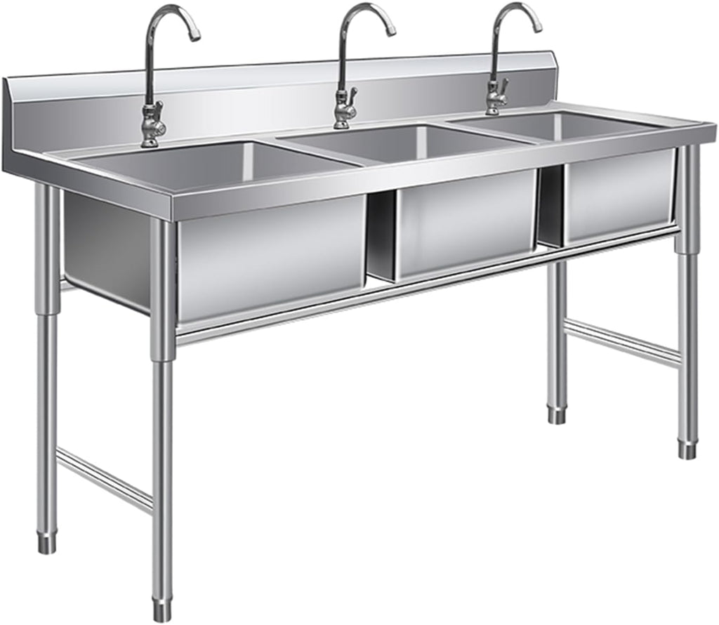 Three Compartment Stainless Steel Sink, Freestanding Utility Sink, Triple Bowl Commercial Kitchen Sink for Washing,80X40cm/31.4X15.7in