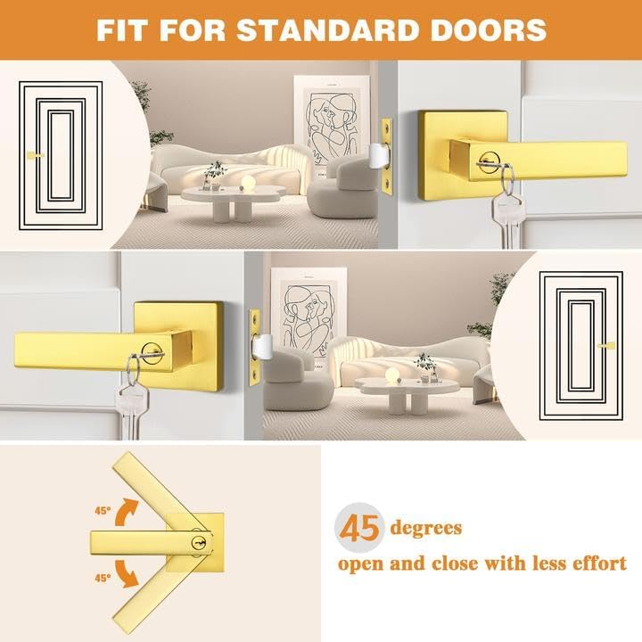 Probrico Different Keys Door Handles 5 Pack, Gold Entry Square Levers with Keyed Differently Lock for Home