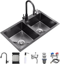 Double Bowl Kitchen Sink with Pull-Out Faucet Stainless Steel Kitchen Workstation Sink Multi-functional Bar Sink with Complete Accessory Set (Color : Black, Size : 72x40x21cm) (Black 72x40x21cm)