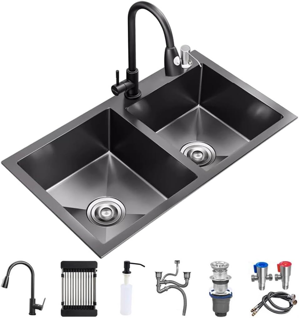 OM Double Bowl Kitchen Sink with Pull-Out Faucet Stainless Steel Kitchen Workstation Sink Multifunctional Bar Sink with Complete Accessory Set (Black-72x40x21cm