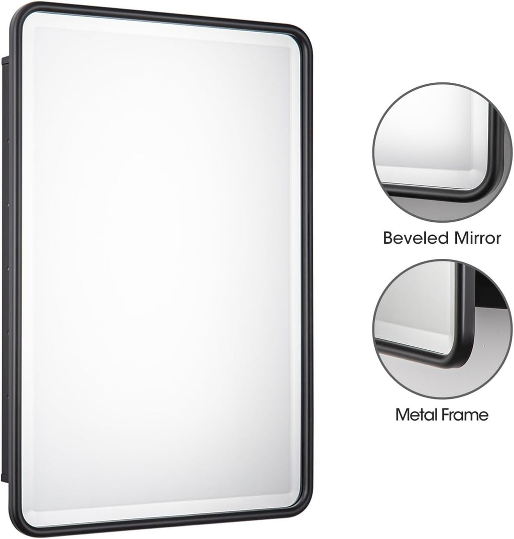 Black Bathroom Medicine Cabinet with Mirror 16 x 24 Metal Frame Recessed Or Wall Mounted Single Door Storage Medicine Cabinets with Adjustable Shelves Rounded Corner Beveled Mirrors