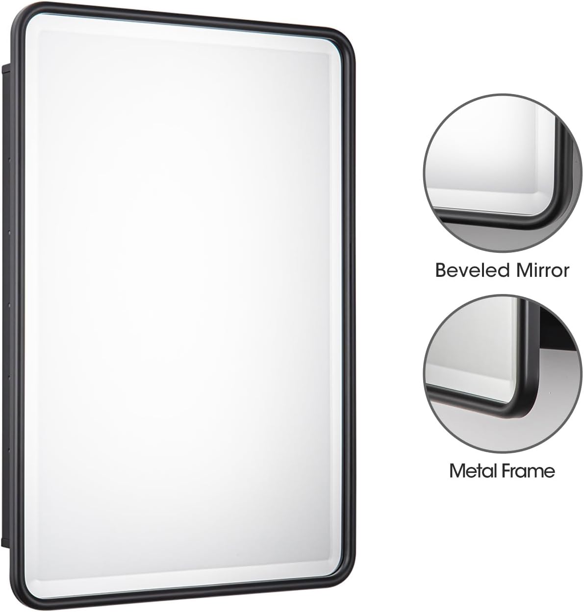 Black Bathroom Medicine Cabinet with Mirror 16 x 24 Metal Frame Recessed Or Wall Mounted Single Door Storage Medicine Cabinets with Adjustable Shelves Rounded Corner Beveled Mirrors