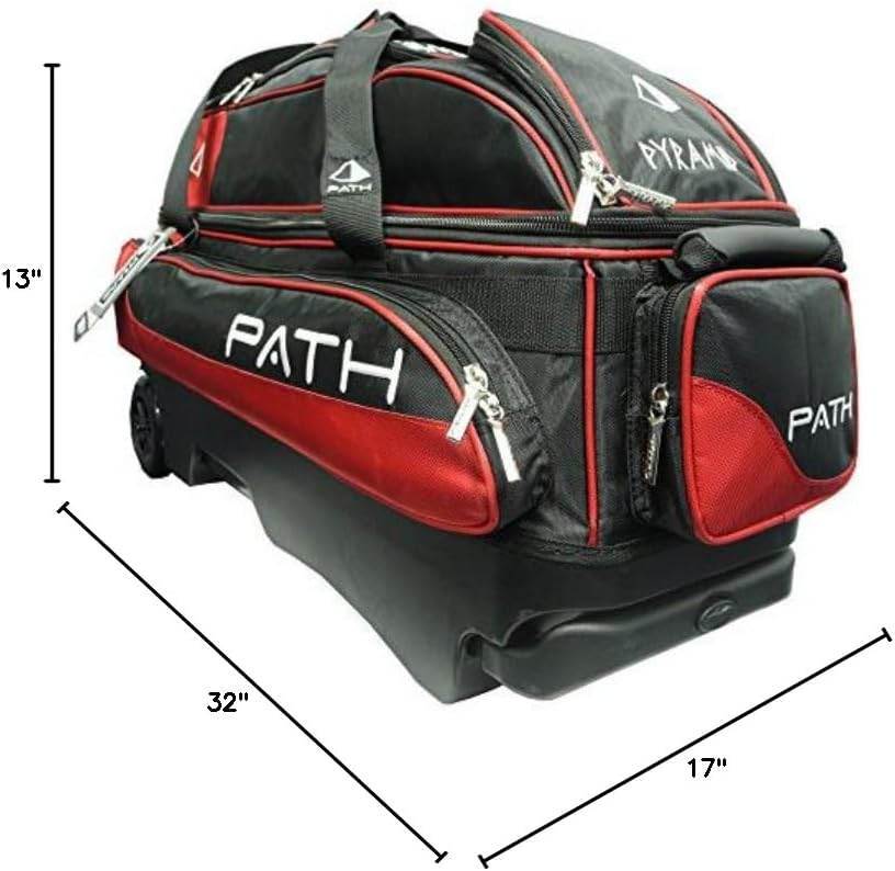 Pyramid Path Triple Premium Deluxe Roller Bowling Bag With Extra Large Separate Shoe Compartment (Up To US Mens Size 16) and 5 Accessory Pockets, 5' Wheels, Retractable Locking Handle - Extends to 42'