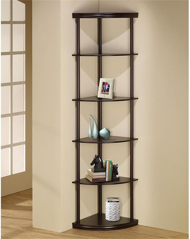 BOWERY HILL 5-Shelf Wooden Corner Bookcase, Mahogany Finish, Rubberwood and MDF, 71.75' H x 15.75' W x 15.75' D, Compact Space-Saving Design, Cappuccino Color, Bedroom, Den, or Office Shelving