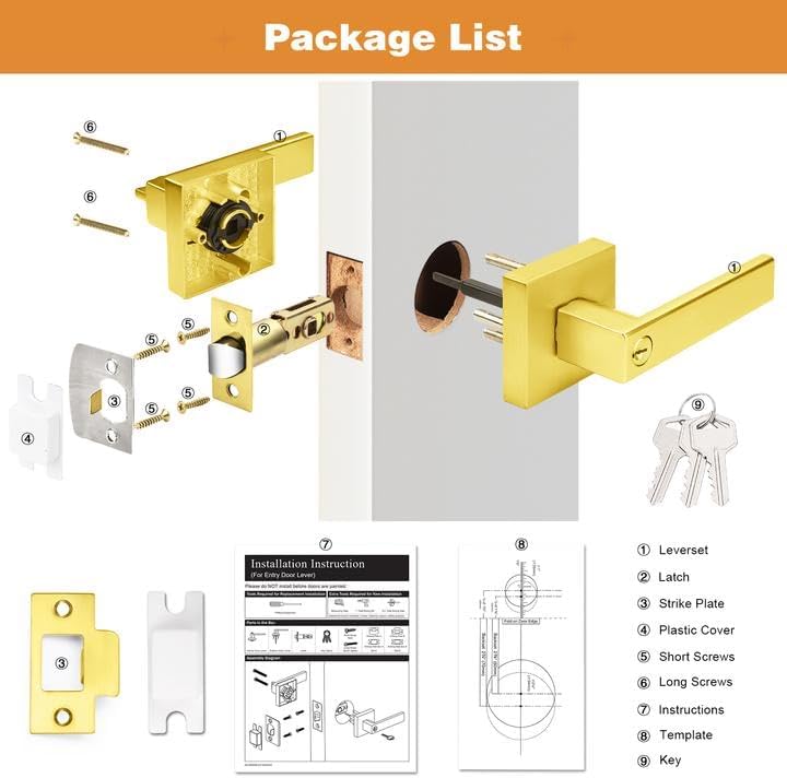 Probrico Different Keys Door Handles 5 Pack, Gold Entry Square Levers with Keyed Differently Lock for Home