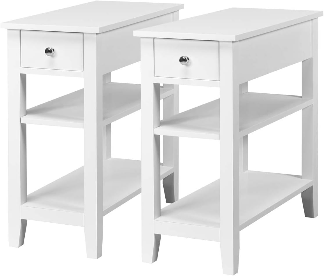 Giantex Narrow End Table Set of 2, Small Side Table with Drawer and Shelf, Wood Accent Sofa Table, Skinny Nightstand for Small Space Living Room Bedroom, White