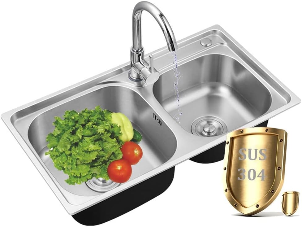 Double Bowl 304 Stainless Steel Kitchen Sink, Handmade Bar Prep Sink with Strainer, Top-Mount/Drop-in Workstation Sink (Color : Silver-A, Size : 75x40cm) (SilverD 68x38cm)