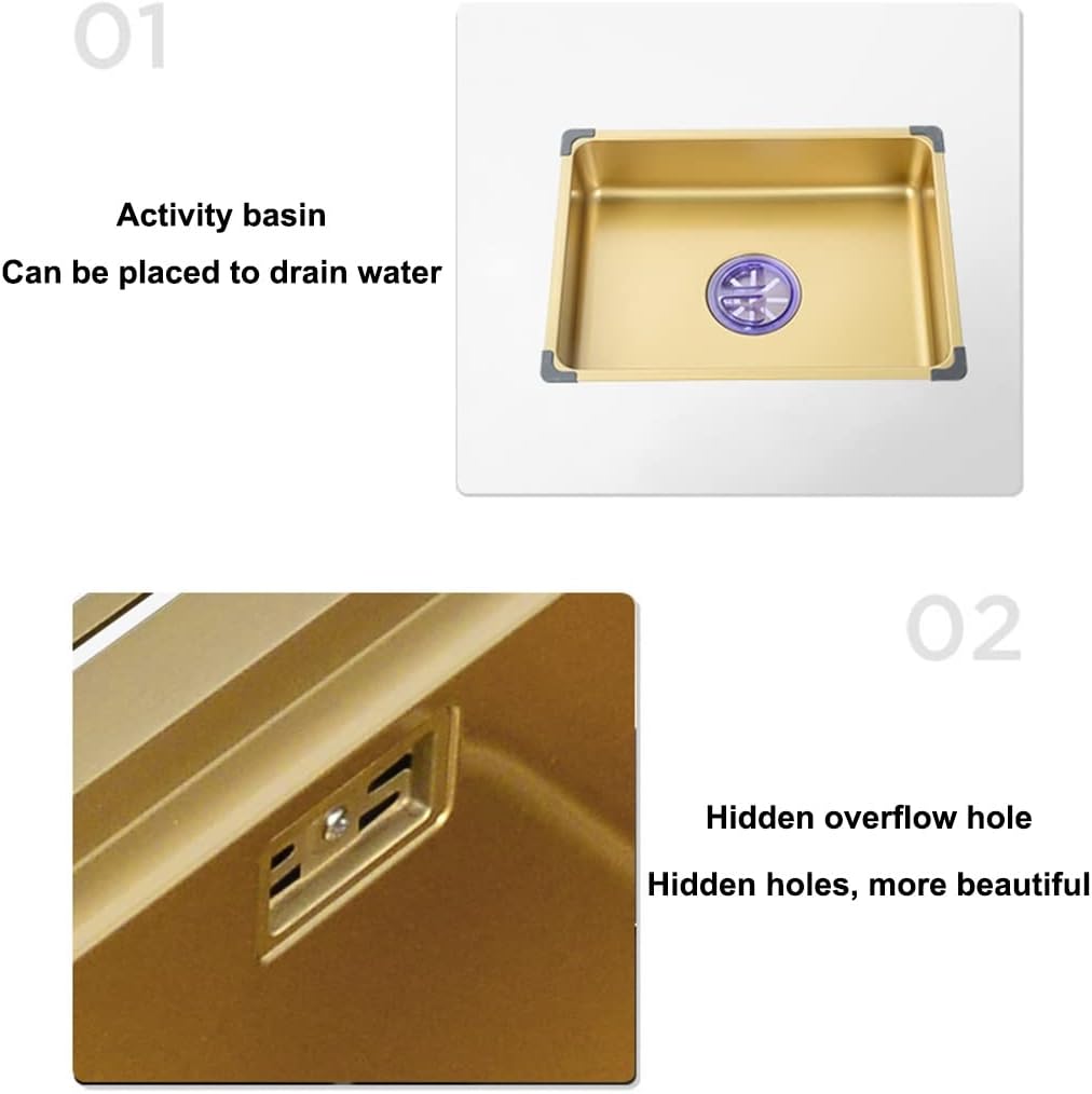 Kitchen Sink Single Bowl Bar Prep Gold Stainless Steel Drop in Or Undermount with Square Faucet and Installation Kit (Color : Gold, Size : 75x46x22cm) (Gold 60x46x22cm)