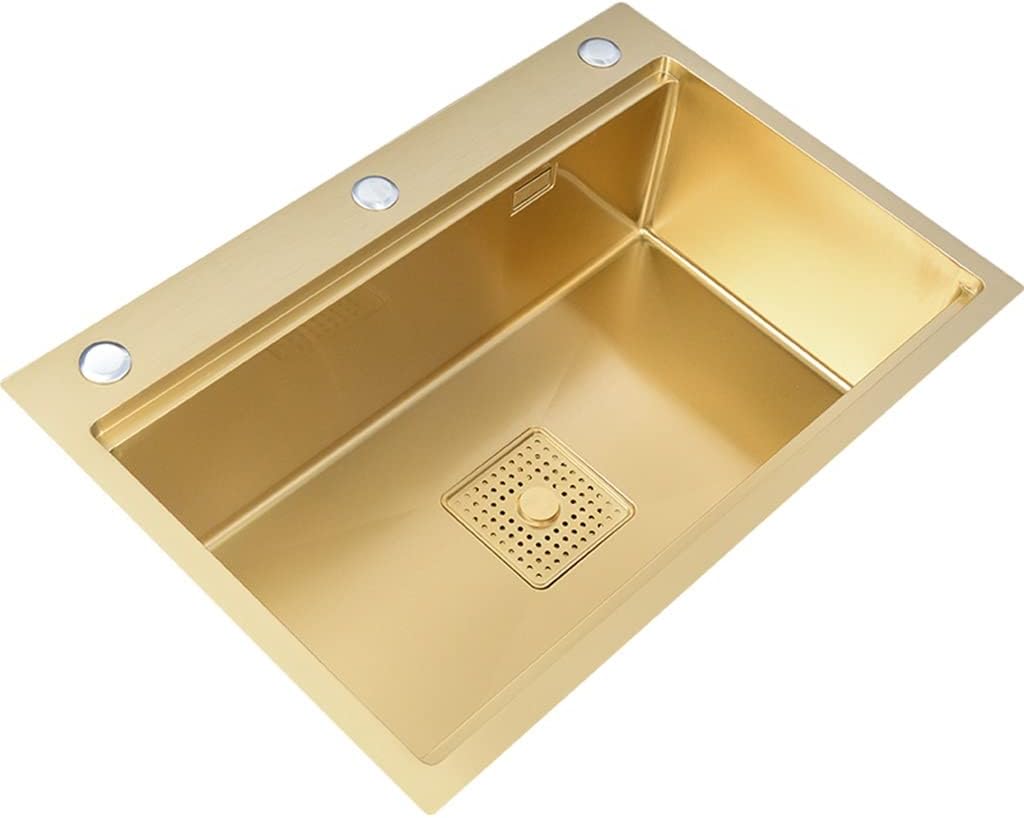Kitchen Sink Gold Single Bowl Bar Sinks Stainless Steel Metal Dishwashing Pool Drop-in Or Undermount with Drain Kit and Movable Basin (Color : Gold, Size : 60x46x22cm) (Gold 60x46x22cm)