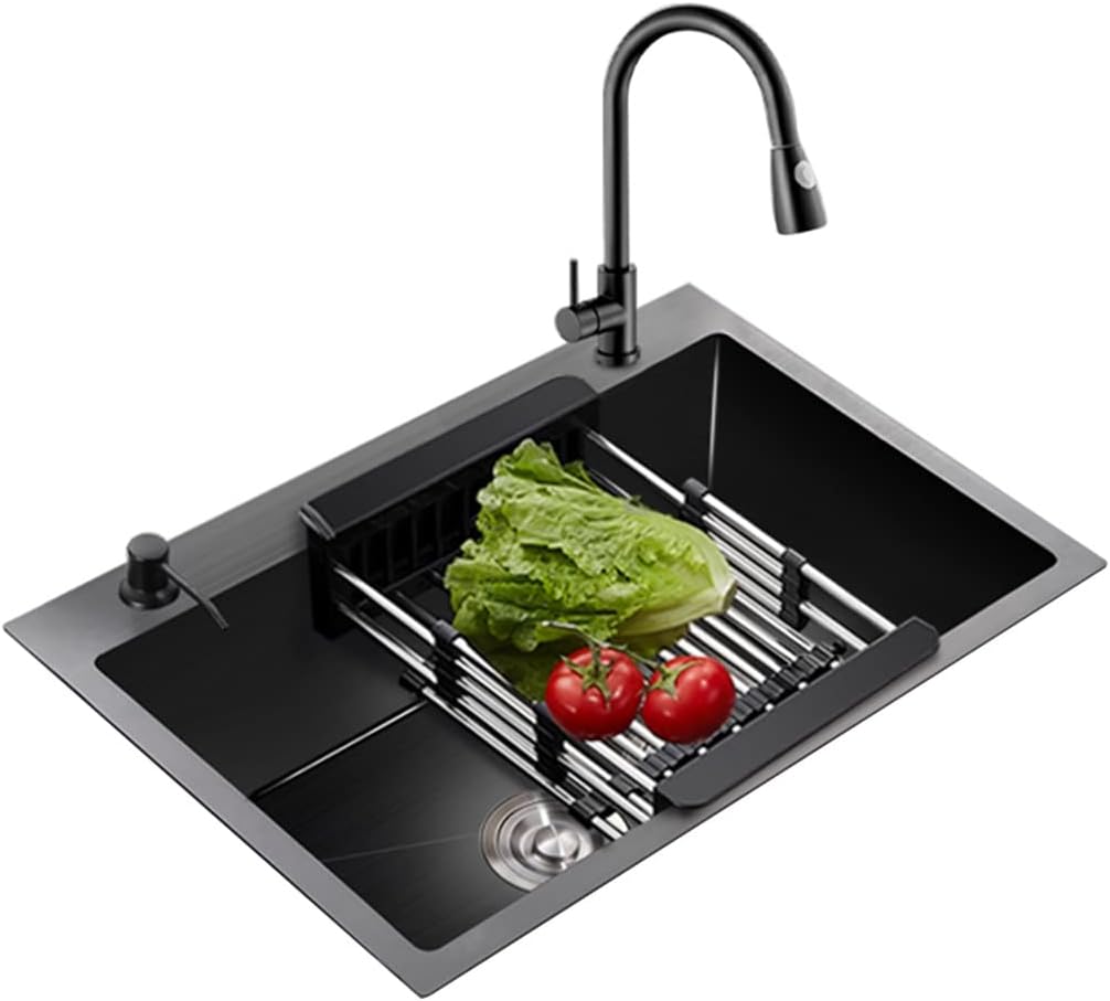 304 Stainless Steel RV Sink Single Bowl Kitchen Bar Sink with Pull Out Faucet & Drain Assembly Top Mount Or Undermount (Black 55x40x21cm)